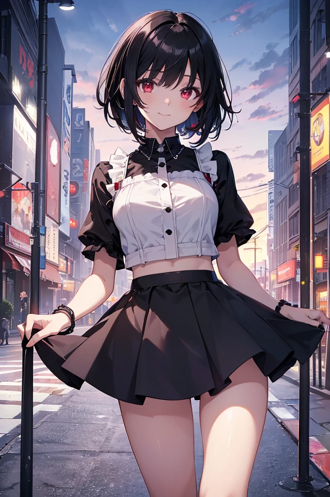 (masterpiece, highest quality, highest quality, (No text), Beautiful and aesthetic:1.2),No text,アニメ、BREAK,One Girl,Black Hair Girl short hair Tree Eyes Beautiful eyes Red eyes cool smile Red and Black mini skirt Whole body Detailed eyes and face Night in the city