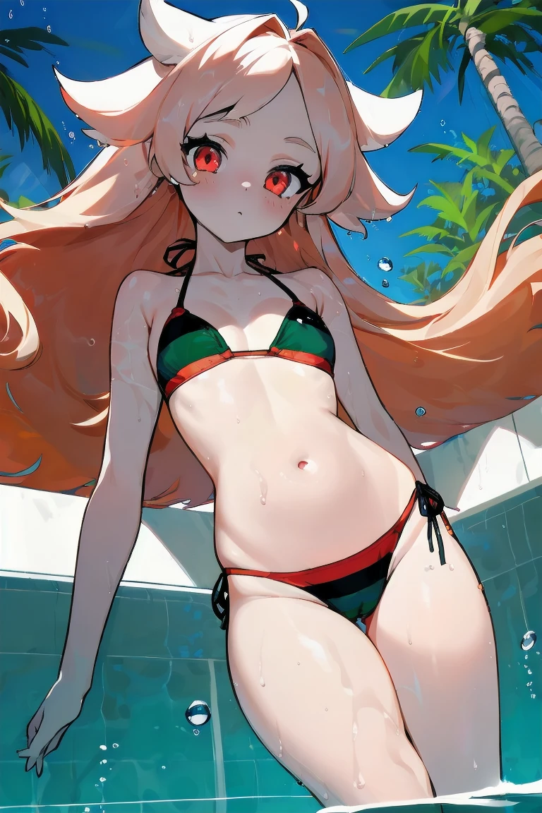 paf_bikini, dark, ad, [[[freckles]]], , fashion show, cameltoe, double-parted bang feathered hair, 1girl, solo, pool, clear water, underwater highlights, water highlights, long tousled hair, spiky hair, tousled hair, pink tousled hair, big hair, pale skin, medium breasts, navel, belly, cute style, thick line lines, red orange eyes, water drops, palm branches, sky 