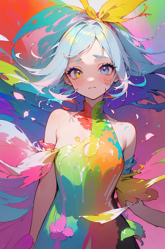 (Pink Fashion T-Shirt:1.9),(colorfulな髪: 1.8), (All the colors of the rainbow: 1.8),(((((vertical painting:1.6))), (painting:1.6),front, comics, figures, paintings, Big eyes, Clear eyes,( Rainbow gradient high ponytail:1.7), Exquisite makeup, Mouth closed,(Small Fresh: 1.5),(Wipe the chest: 1.6) ,Long eyelashes, White off-the-shoulder T-shirt, White shoulder shirt,Looking at the audience, Big teary eyes, (Rainbow Hair:1.6), カラーsplash, (alone:1.8), カラーsplash, An explosion of colors, thick paint style, Messy Lines, ((The Shining)),(colorful), (colorful), (colorful), colorful, Thick paint Style, (splash) (Color splash), Vertical painting, Upper Body, paint splash, Acrylic Pigments, Slope, paint, Best image quality, Highest quality, masterpiece, alone, Depth of written boundary, Face paint, colorful clothes, (elegant: 1.2), nice,Long Hair, Wind, (elegant: 1.3), (petal: 1.4),(((masterpiece))),(((Highest quality))),((Super detailed)),(figure),(Dynamic Angle),((floating)),(paint),((Disheveled Hair)),(alone),(One girl) , (((Detailed anima face))),((Beautifully detailed face)),collar,Bare shoulders,Gray Hair, ((colorful hair)),((Striped Hair)),Beautiful attention to detail,(Slope color eyes),(((colorful eyes))),(((colorful background))),(((High saturation))),(((surrounded by colorful splashes))),