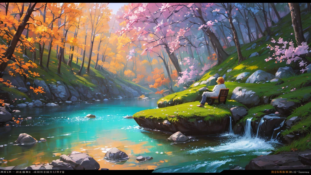 painting of a man sitting on a rock in a stream, sitting near a river, beautiful digital painting, relaxing concept art, hd digital painting, gorgeous digital painting, serene illustration, high quality digital painting, 4 k digital painting, 4k digital painting, stunning digital painting, inspired by mark keathley, 8k resolution digital painting, realistic fantasy painting