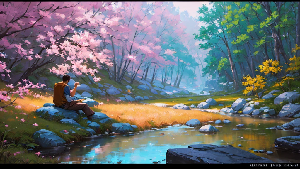 painting of a man sitting on a rock in a stream, sitting near a river, beautiful digital painting, relaxing concept art, hd digital painting, gorgeous digital painting, serene illustration, high quality digital painting, 4 k digital painting, 4k digital painting, stunning digital painting, inspired by mark keathley, 8k resolution digital painting, realistic fantasy painting