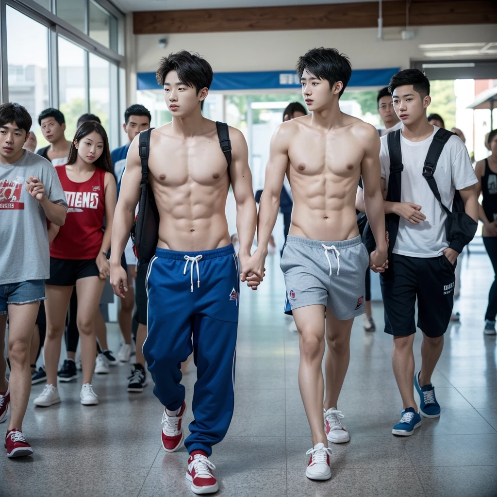 Korean  guy, topless,shirtless,wearing a ironman bikini underwear ,skinny fat body walking  in university canteen ,backpack , younger brother holding hands walking together with his big brother , multiple people in background , blue sneakers