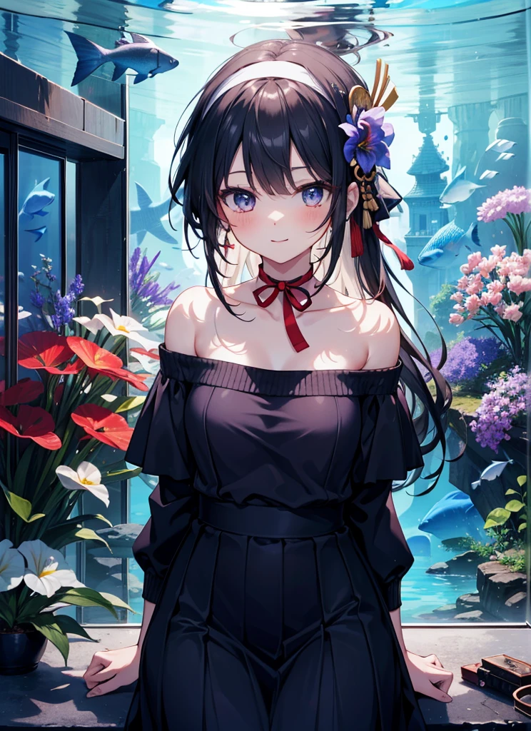 (masterpiece, Highest quality, High resolution, unity 8k wallpaper, Highly detailed CG:1), (shape:1.0), 1 Girl,Confused,Confused Samurai Spirits, Black Hair,Long Hair,Iris,ribbon, hair band, smile,blush,Off-the-shoulder sweater,Bare neck,Bare shoulders,bare clavicle,Long skirt,Beautiful aquarium with fish swimming in a giant glass tank, A sparkling, fantastical aquarium,Dynamic and beautiful shadows, A breathtakingly beautiful sight,It's beautiful to watch the fish in front of the aquarium.,Girl's back view,(masterpiece:1.2), Highest quality, High resolution, unity 8k wallpaper, (shape:0.8), (Beautiful and detailed:1.6), Highly detailed face, Perfect lighting, Highly detailed CG, (Perfect hands, Perfect Anatomy),