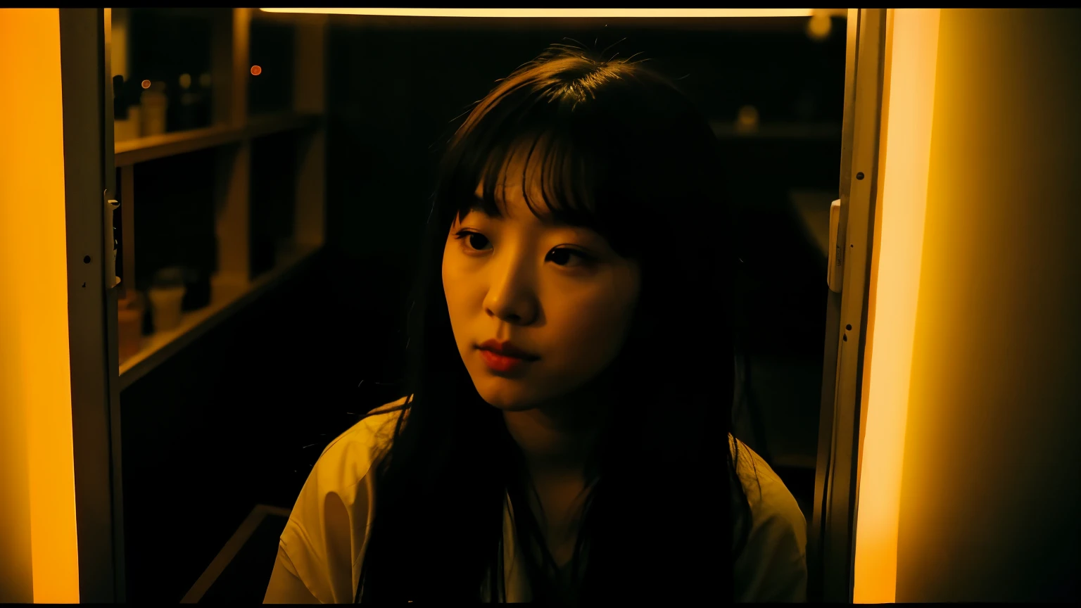 Camera captures from a high angle above, Eerie Vivid rear-view images of Korean American pop star Elara K in a small claustrophobic ramen bar in the night, she is filming shots for a music video of sensual Korean lo-fi track, after-hours dark pop/raw folk beats, ethereal female vocal hooks, subtle trap, 비트박스