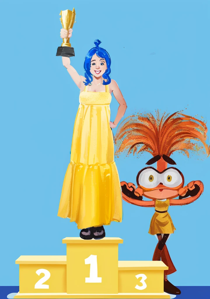 A in a yellow dress stands on a yellow block, holding a trophy, with her arms raised in victory. Next to her is a сartoon character, who is also standing on a yellow block. cartoon 2d style