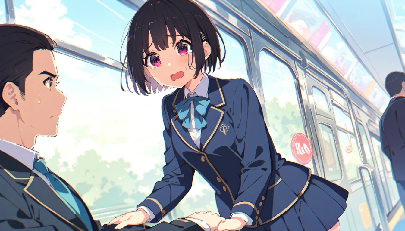 A middle-aged man is touching the buttocks of a crying girl in a blazer uniform with black bob hair from behind while she is holding on to the handrail of a train