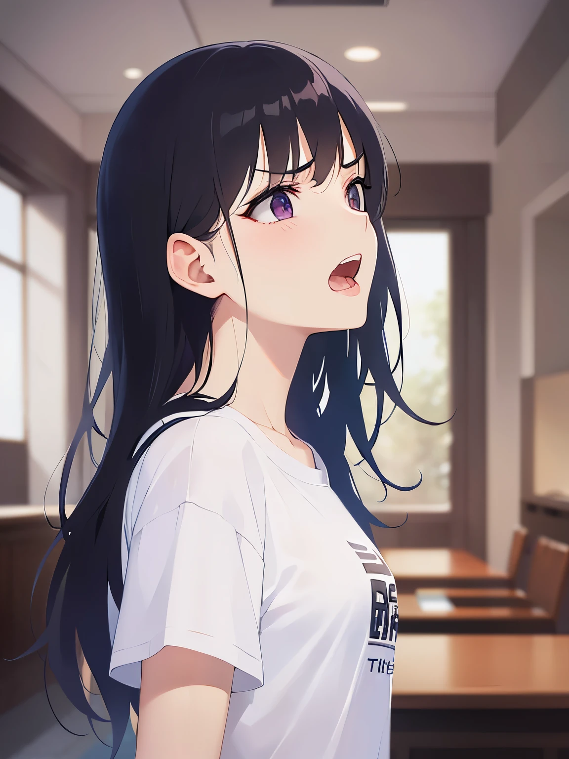 looking up, side angle, (looking away:1.5), Upper Body, Realistic, real person, (pale skin: 1.2), RAW photo, photorealistic, shiny skin, shiny hair、(A 25-year-old woman with straight hair and bangs) and (medium hair) and (black hair) and (purple eyes) , (white) and (T-shirt) 、(angry:1.5), open mouth, The background is the living room、Alone、Are standing