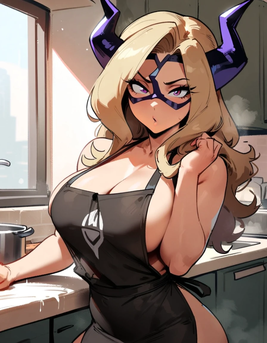 1girl, mount lady, boku no hero academia \\\\\ masterpiece, best quality, very aesthetic, absurdres, newest \\\\\\ sportive body,  \\\\\\  by dodok, nyantcha, cutesexyrobutts, by khyle ///// blonde, purple eyes,   , 24 years old,kitchen, wearing only apron, big tits, 
