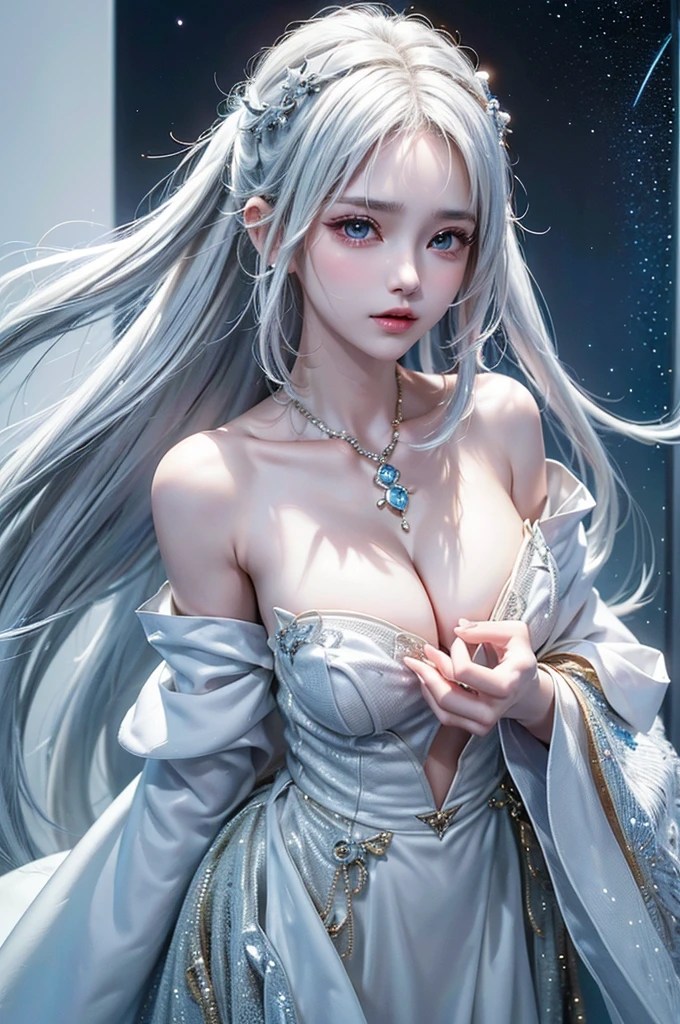 ((Image above the chest:1.5))((masterpiece:1.5、8K、Tabletop、フォトリアリスティックでVery detailedなCG、Very detailed、Particle Effects、Dynamic Effects、Shallow depth of field、Cinematic Light、Lens flare、Ray Tracing、Tabletop、Realistic:1.4、Ultra-high resolution:1.2、Realistic、Realistic))((alone、,A woman wearing a black fur coat over an off-the-shoulder sweater:1.4、Elegant and sexy woman、Detailed face、bright表情、young, bright, Whiter skin、Medium chest、Beautiful cleavage、Best Looks、Asian、Ultimate beauty、bright and shiny hair,、Super long, Silky straight hair、Hair dancing in the wind))(spectacular night sky、White Knight、Amazing starry sky)((shiny white hair))