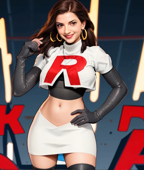 The face of Anita sarkeesian, 1girl, solo, Team rocket, team rocket uniform, red letter R, white skirt,white crop top,black thigh-high boots, black elbow gloves, evil smile, earrings, large breasts, sexy pose, hoop earrings