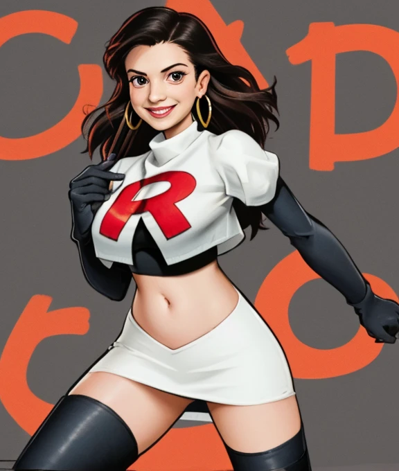 The face of Anita sarkeesian, 1girl, solo, Team rocket, team rocket uniform, red letter R, white skirt,white crop top,black thigh-high boots, black elbow gloves, evil smile, earrings, large breasts, sexy pose, hoop earrings 