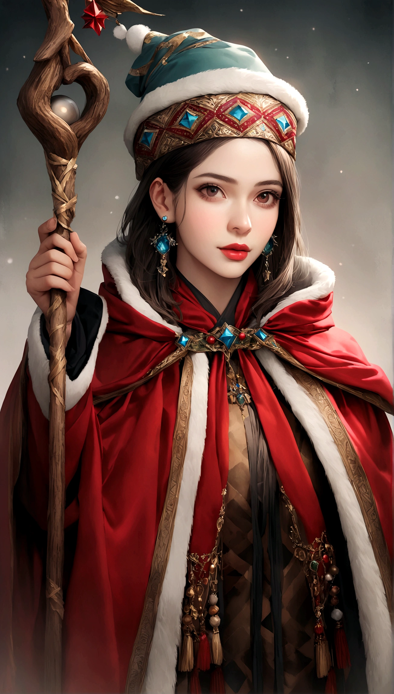 free run winter, 8K, Highest quality, High resolution, Realistic, Real person, Wizard character with silver ponytail, Earrings, and short height. Wizards have fancy things, Although the staff are gorgeously decorated、Not wearing a hat. Their costumes are、A combination of traditional wizard's robes and modern magical costumes。, Rich color and detail. The character's expression is wise and confident, Reflects their magical proficiency. The background has a mysterious atmosphere., Contains elements of magic and fantasy.