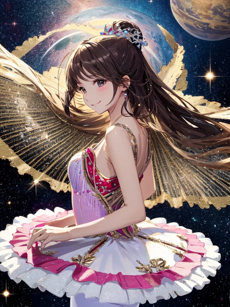 Highest quality、High resolution、masterpiece、Super detailed、Esbian all over、From the side、A beautiful ballerina、Beautiful and beautiful pose、A little smile、de luz、(Prima Ballerina Costume_Tutu)、Glitter、Outer space、planet、deep、Warm Light