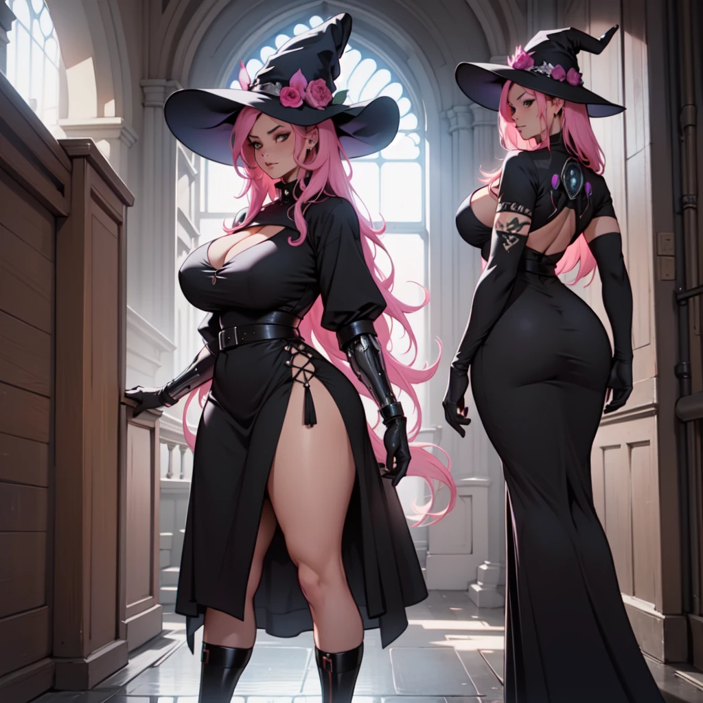 older woman, in their 30s, with long pink hair and tall, curvy body seen from behind, standing backwards, breasts big, Breasts huge, (work of art, best qualityer:1.2) wearing the legendary great black dress of the mystical sorceress, Big witch hat, standing alone, alone, cybernetic tattoo, pink massive hair