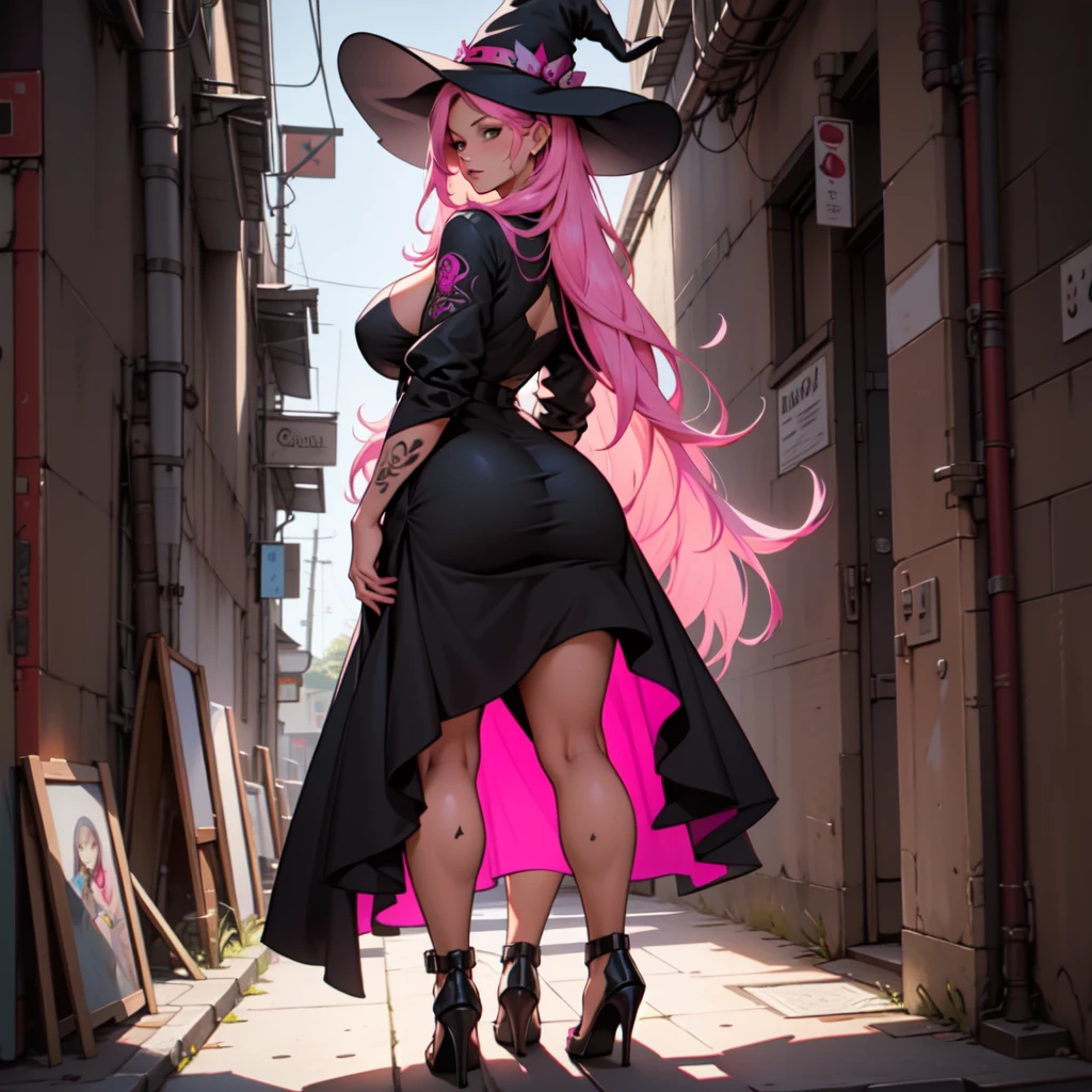 older woman, in their 30s, with long pink hair and tall, curvy body seen from behind, standing backwards, breasts big, Breasts huge, (work of art, best qualityer:1.2) wearing the legendary great black dress of the mystical sorceress, Big witch hat, standing alone, alone, cybernetic tattoo, pink massive hair