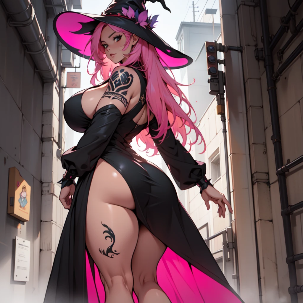 older woman, in their 30s, with long pink hair and tall, curvy body seen from behind, standing backwards, breasts big, Breasts huge, (work of art, best qualityer:1.2) wearing the legendary great black dress of the mystical sorceress, Big witch hat, standing alone, alone, cybernetic tattoo, pink massive hair