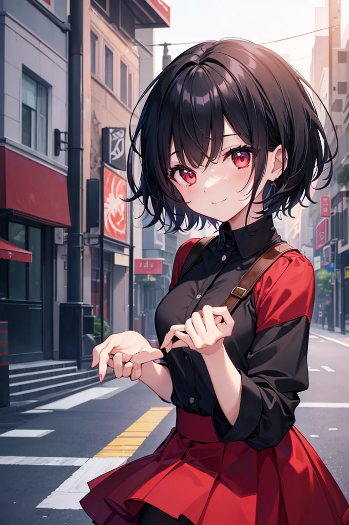 (masterpiece, highest quality, highest quality, (No text), Beautiful and aesthetic:1.2),No text,アニメ、BREAK,One Girl，Black Hair Girl　short hair　Tree Eyes　Beautiful eyes　Red eyes　cool　smile　Red and Black　mini skirt　Whole body　Detailed eyes and face　Night in the city