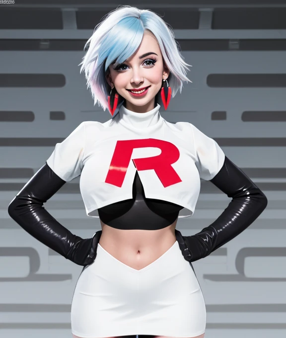 The face of Zoe Quinn, 1girl, solo, Team rocket, team rocket uniform, red letter R, white skirt,white crop top,black thigh-high boots, black elbow gloves, evil smile, earrings, large breasts, sexy pose