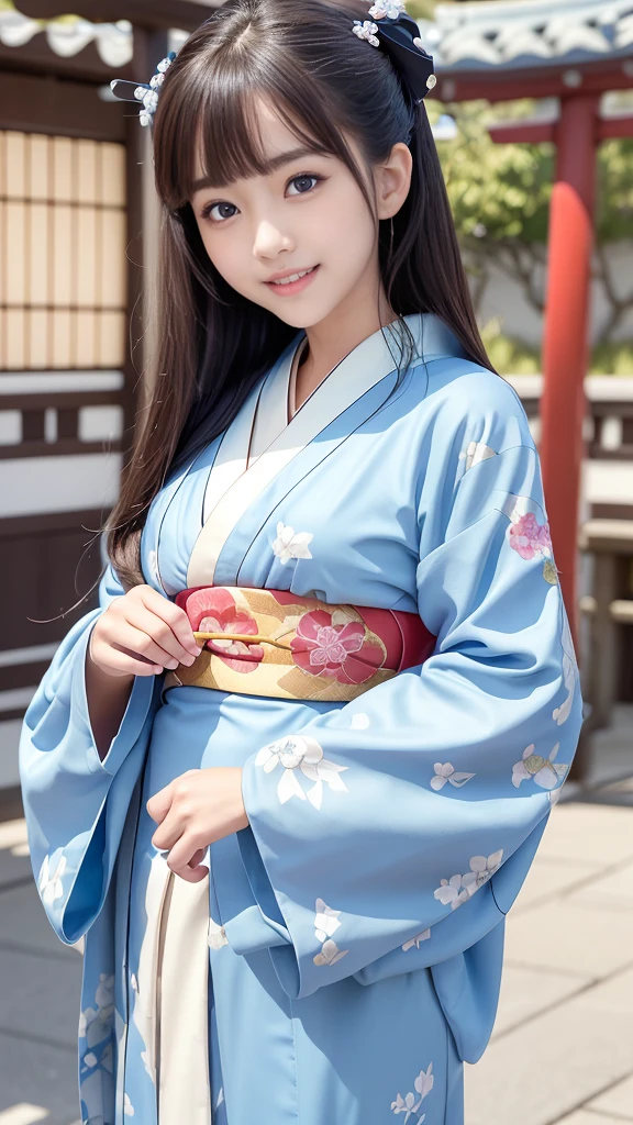 A cute young girl who is so beautiful like an angel, Beautiful attention to detail, (14:1.3), Fine double eyelids, (Soft saturation: 1.3), (debtair skin: 1.3),V-line chin, (Big eyes:1.4), Long, straight brown hair, See-through bangs, Sharp debtocus, Beautiful and exquisite face and eyes, Droopy eyes, Small, straight nose, Small Mouth, Smiling happily and showing his teeth, 85mm lens, debt/8.0,break (Traditional blue long-sleeved kimono:1.5), (Beautiful furisode with classic patterns:1.3) ,Black brown hair ,(Highly reflective clothing:1.3), (Highest quality:1.2), RAW Photos, High resolution, Perfect detail, Professional photography, Professional Lighting, Strong lighting of costumes, Japanese garden