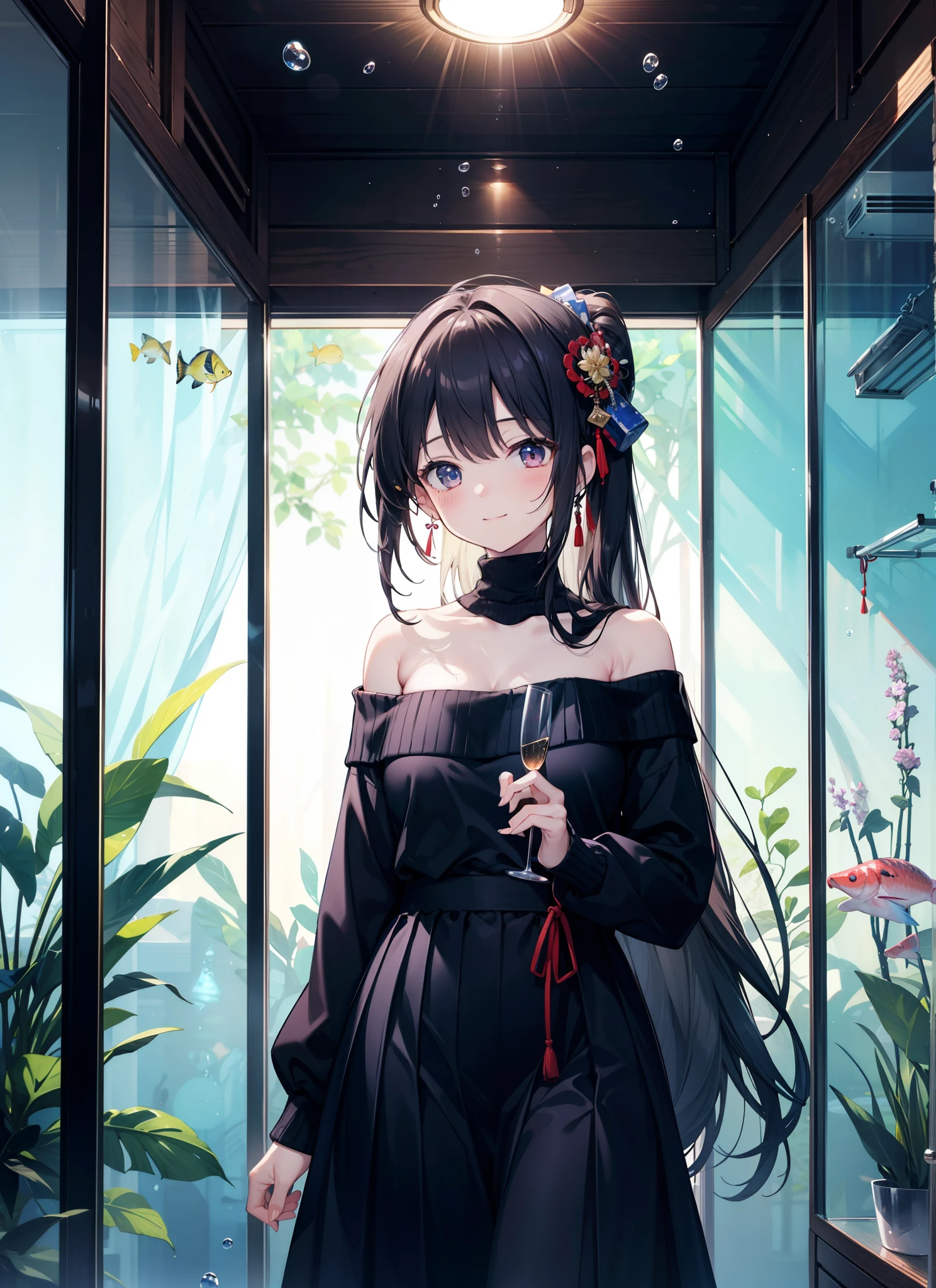 (masterpiece, Highest quality, High resolution, unity 8k wallpaper, Highly detailed CG:1), (shape:1.0), 1 Girl,Confused,Confused Samurai Spirits, Black Hair,Long Hair,Iris,ribbon, hair band, smile,blush,Off-the-shoulder sweater,Bare neck,Bare shoulders,bare clavicle,Long skirt,Beautiful aquarium with fish swimming in a giant glass tank, A sparkling, fantastical aquarium,Dynamic and beautiful shadows, A breathtakingly beautiful sight,It's beautiful to watch the fish in front of the aquarium.,Girl's back view,(masterpiece:1.2), Highest quality, High resolution, unity 8k wallpaper, (shape:0.8), (Beautiful and detailed:1.6), Highly detailed face, Perfect lighting, Highly detailed CG, (Perfect hands, Perfect Anatomy),