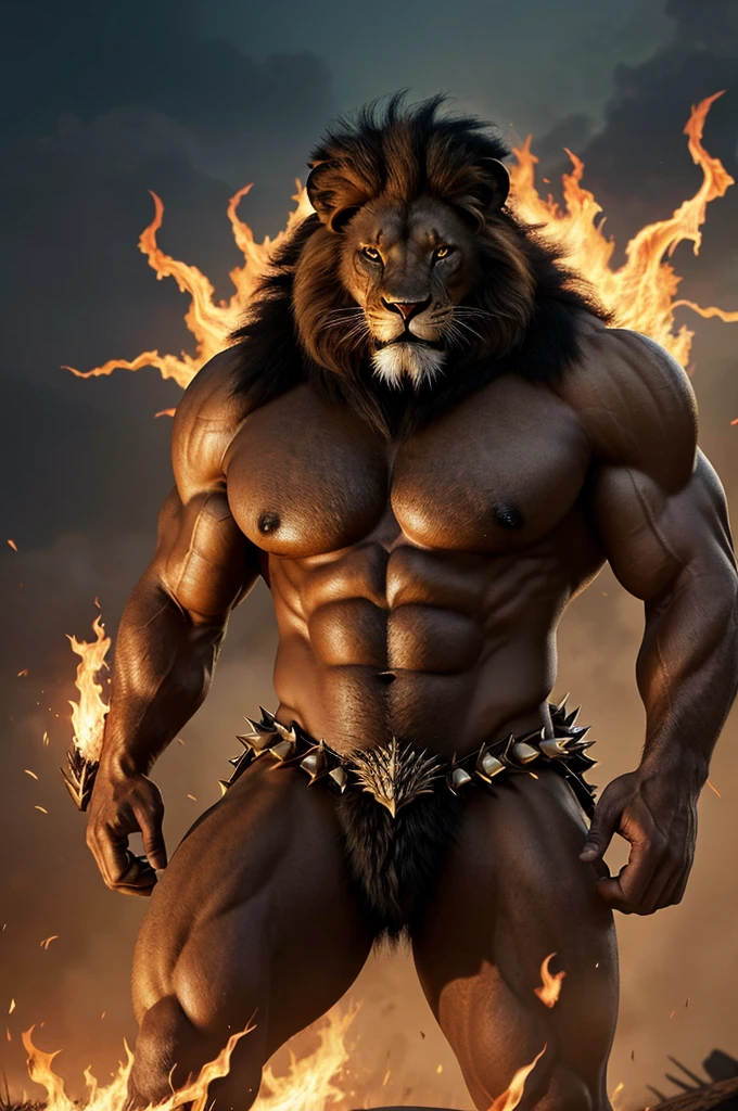 Picture a lion with unnaturally large, razor-sharp teeth and claws, glowing or fiery eyes, possibly a mane that looks more like flames or spikes rather than traditional fur. Its body could be bulkier and more muscular, giving it an imposing presence. Some depictions also include additional features like scales, horns, or even wings