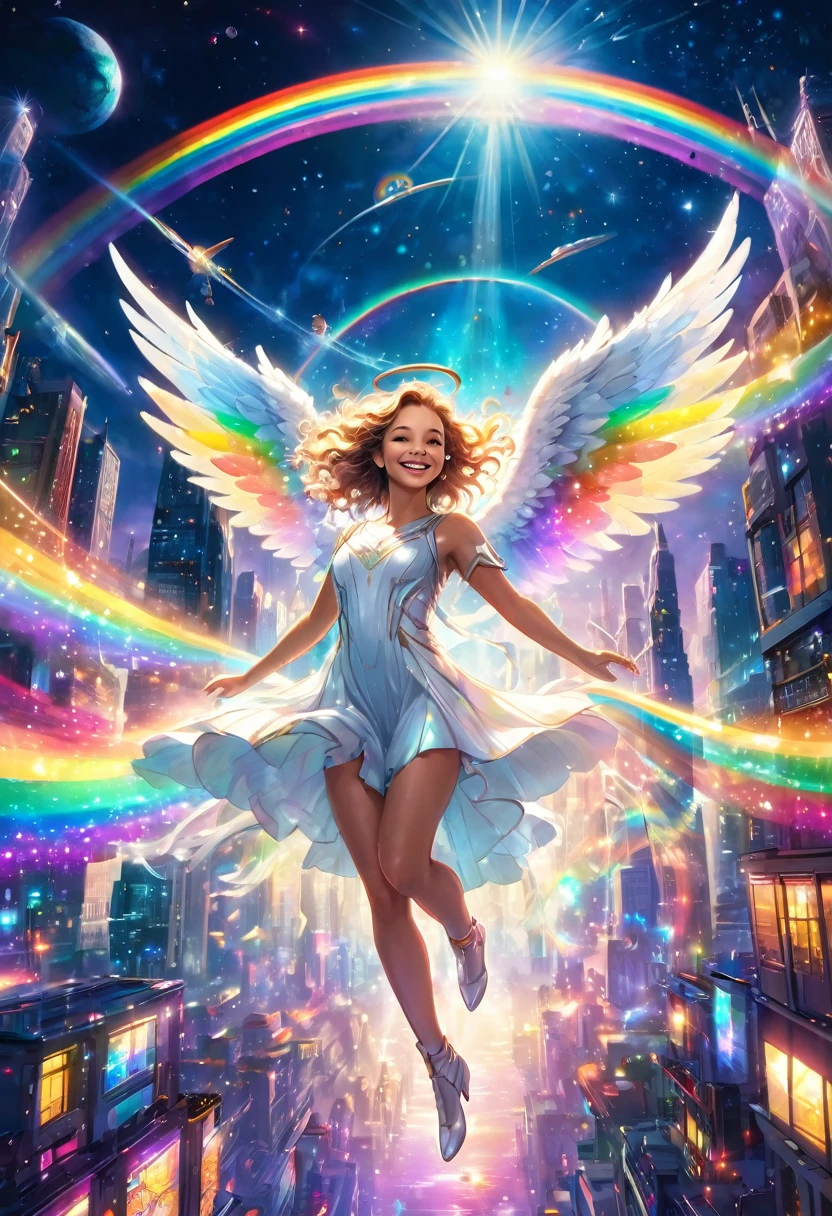 A beautiful angel is smiling and flying above the illuminated futuristic city, dancing, rainbow lights, outer space