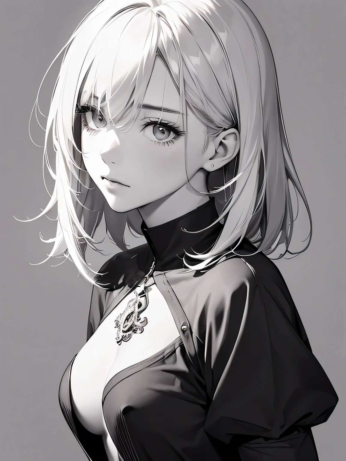 ((monochrome))(Image from chest up:1.4)((masterpiece:1.5,Highest quality,Highly detailed images,Beautiful images、Realistic、Sketch、2.5D、Ink Painting、Portraiture))(1girl, solo)(medium breasts, white hair、bob hair)(Profile Portrait,Straight ahead、Shake your head、A sad expression, floating hair)(Plain background)from side