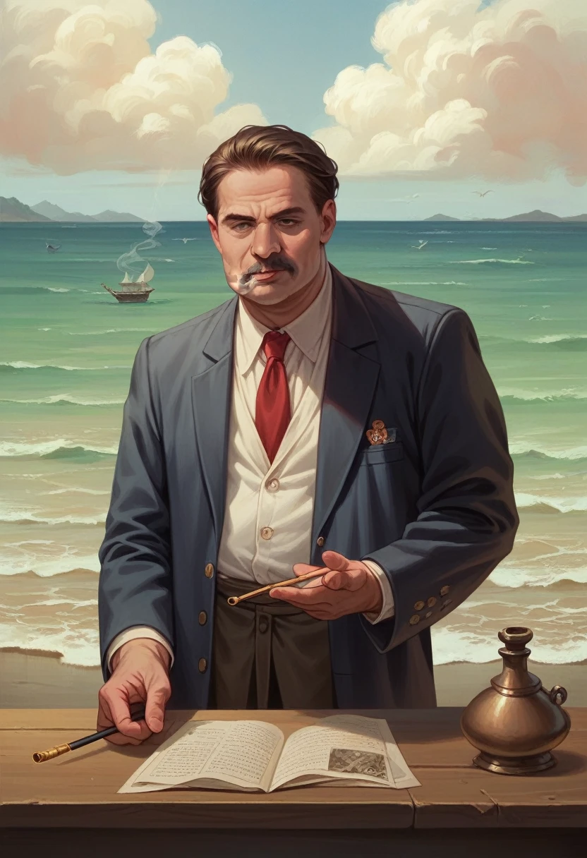 Old captain smoking pipe looking at sea, photorealism, nostalgia, masterpiece