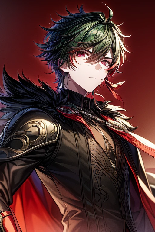 (masterpiece, best quality, perfect face, expressive eyes), 1boy, (anime), (teen), (male), crimson eyes, (short green hair), crimson ombre, (jewel earrings), (decorated black coat cape), black vest, intricate details,