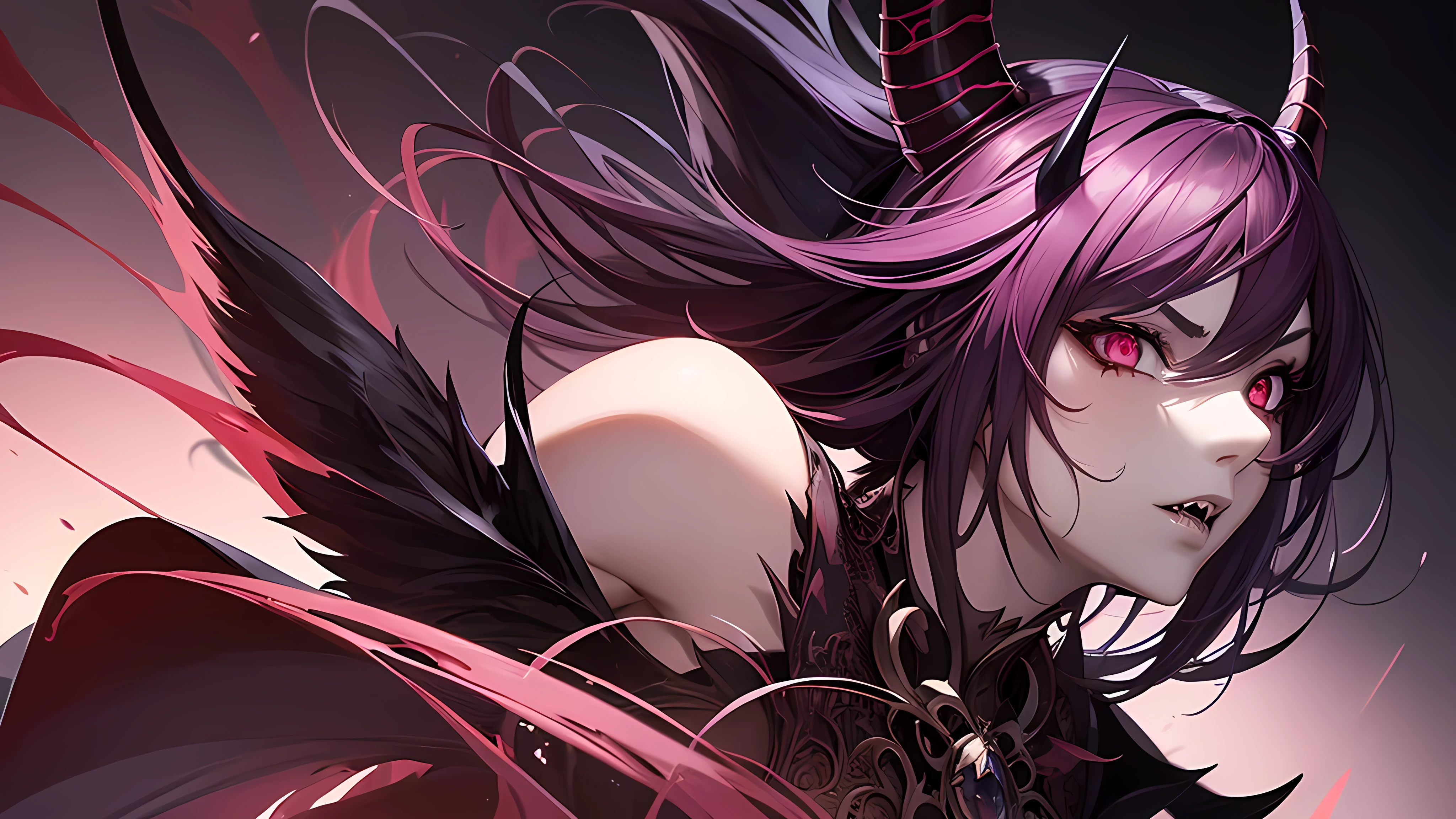 a beautiful anime solo devil girl, highly detailed facial features, piercing eyes, sharp teeth, horns, flowing hair, detailed intricate costume, dark mysterious background, dramatic lighting, cinematic composition, vibrant colors, digital art, concept art style