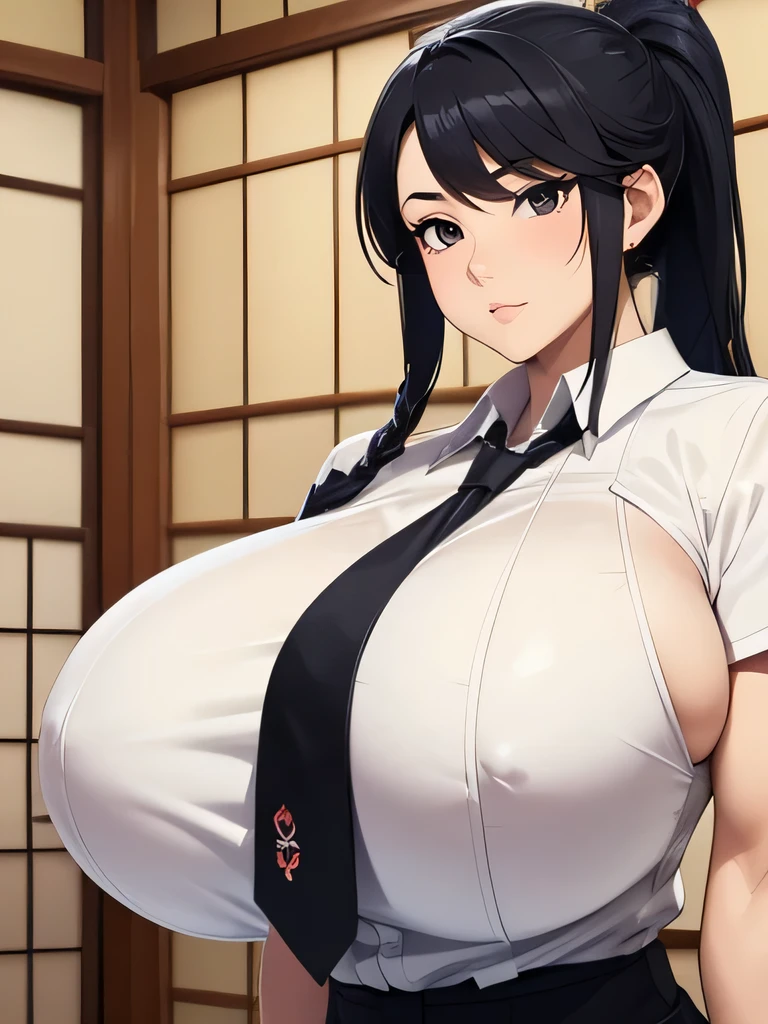 1 beautiful woman,japanese host club,folding one's arms,muscular,whole body,cool,hardboiled,cool face,long hair,ponytail,braided hair,black hair,black eyes,from front,indoors,tie,masterpiece, extremely fine and beautiful,Japanese,(huge breasts:1.5)