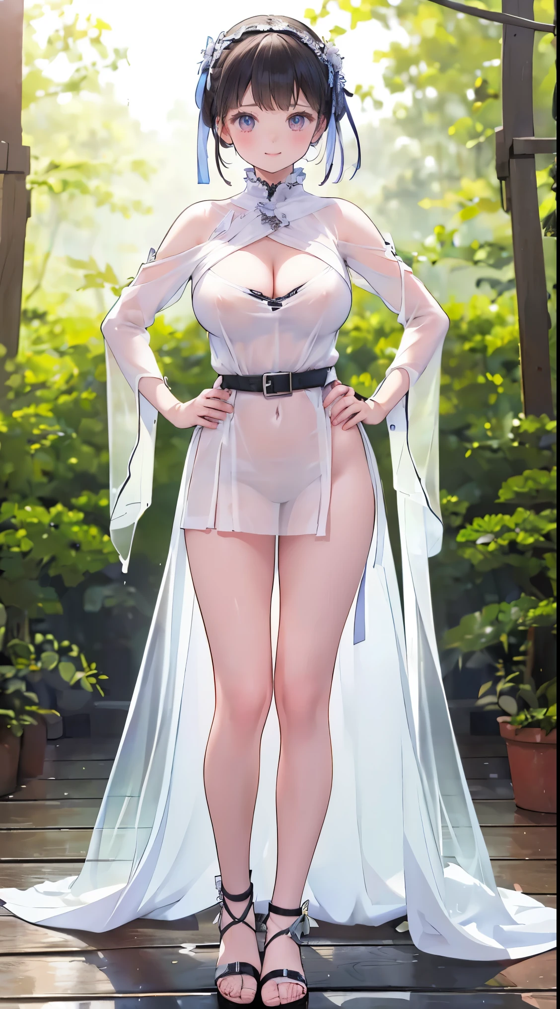 (8K、Raw photo、highest quality、masterpiece:1.2)、(realistic、Photoreal)、1 girl、((white dress、See-through、in the forest、sandals、bionde、I can see your feet、stand with hands on hips、belt、big breasts、Seen from the front、stand with legs apart、))、lots of eyelashes、Glitter on your eyelids、skeletally correct、smile、standing with hands on hips、Exposing the breasts、Bare your breasts、Very large breasts