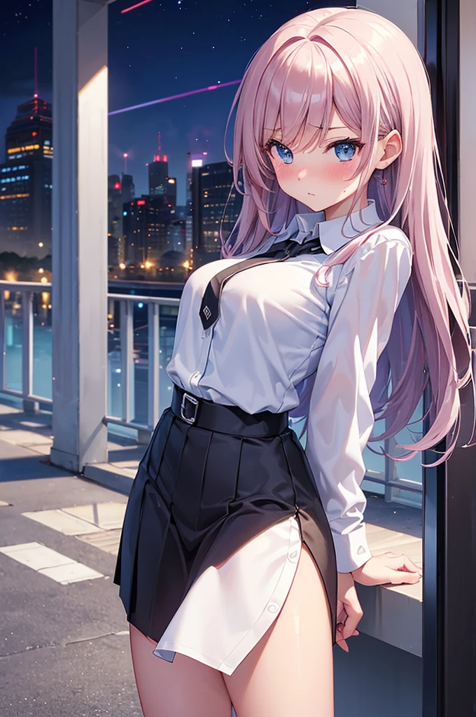 masterpiece, High resolution ,,Embarrassed face,I was so panicked.,Blushing,Obscene pose,sexy glamorous body,,Futuristic midnight downtown cityscape(((Pixel Perfect, Perfect in every detail))), alone, One girl, Chizuru Ichinose, big , (White collared shirt :1.3), View your viewers, Upper Body: 1.0, Are standing、whole body