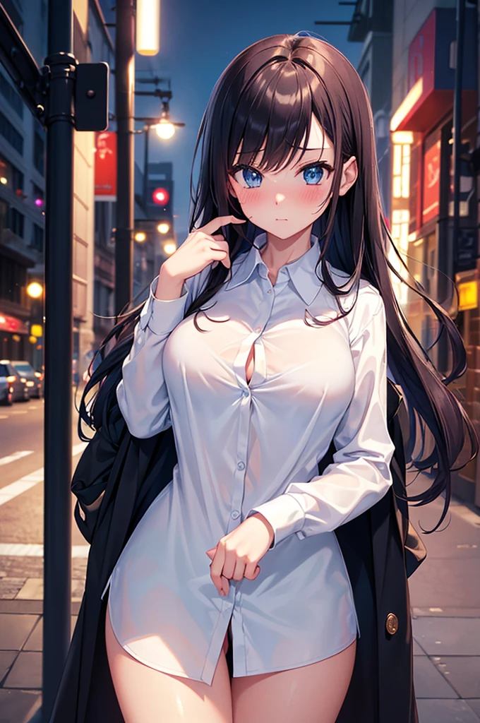 masterpiece, High resolution ,,Embarrassed face,I was so panicked.,Blushing,Obscene pose,sexy glamorous body,,Futuristic midnight downtown cityscape(((Pixel Perfect, Perfect in every detail))), alone, One girl, Chizuru Ichinose, big , (White collared shirt :1.3), View your viewers, Upper Body: 1.0, Are standing、whole body