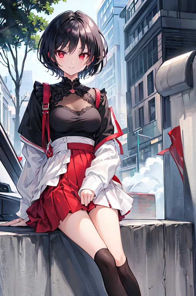 (masterpiece, highest quality, highest quality, (No text), Beautiful and aesthetic:1.2),No text,アニメ、BREAK,One Girl，Black Hair Girl　short hair　Tree Eyes　Beautiful eyes　Red eyes　cool　smile　Red and Black　mini skirt　Whole body　Detailed eyes and face　Night in the city