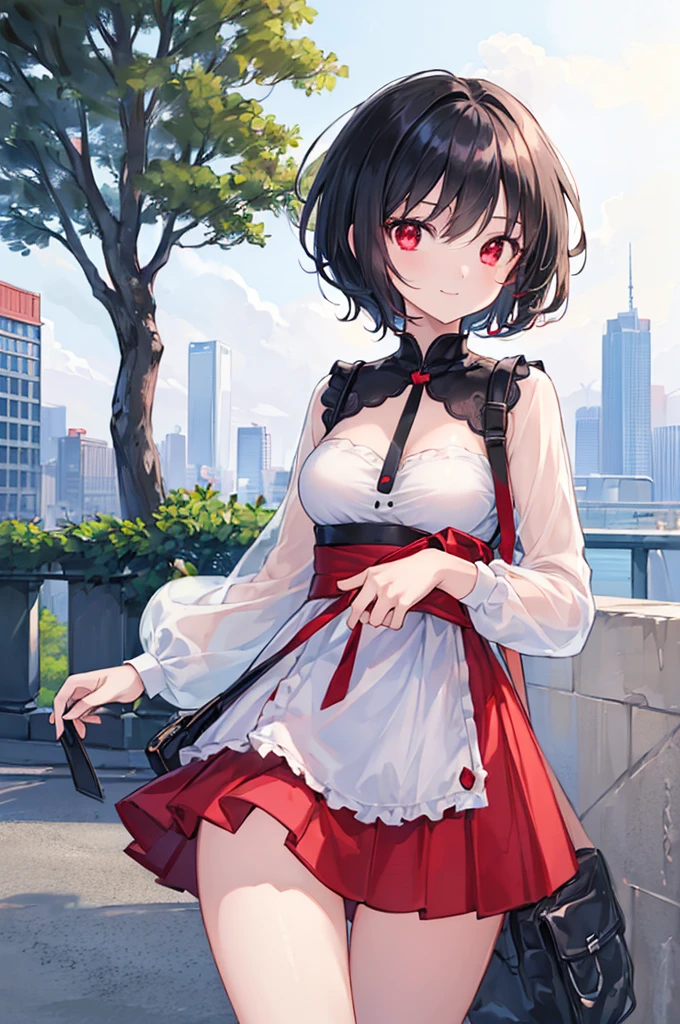 (masterpiece, highest quality, highest quality, (No text), Beautiful and aesthetic:1.2),No text,アニメ、BREAK,One Girl,Black Hair Girl short hair Tree Eyes Beautiful eyes Red eyes cool smile Red and Black mini skirt Whole body Detailed eyes and face Night in the city