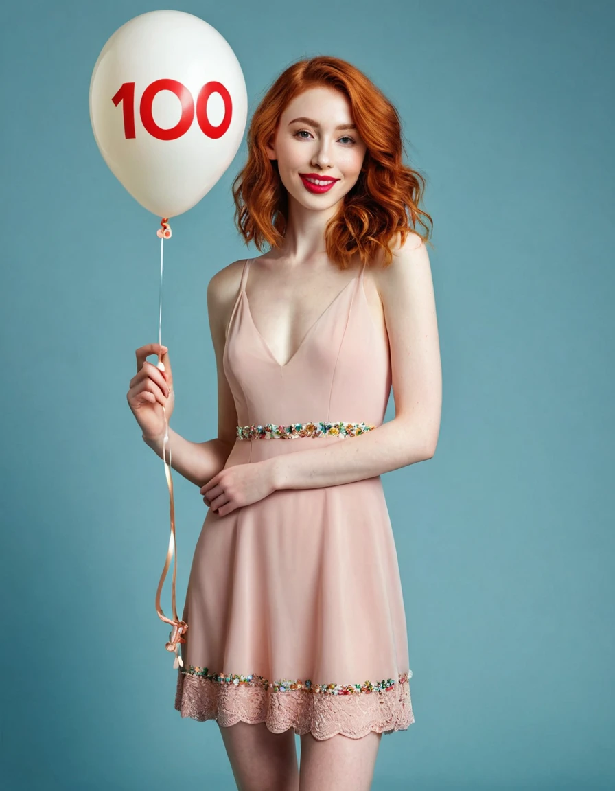 Photography full body portrait of a very beautiful realistic girl, holds a ballon with the number 100 in his hand, porcelain skin, very light skin, very pale skin, redhead, wavy, open hair, Detail of skin structure, hazel eyes, Slit eyes, small-nose, small nostril, think of arched eyebrows, thick lower lip, dreamy look, happy face, laughs with teeth, unique face, Wear a short dress, foto realista, Masterpiece Image, sharp image, 

