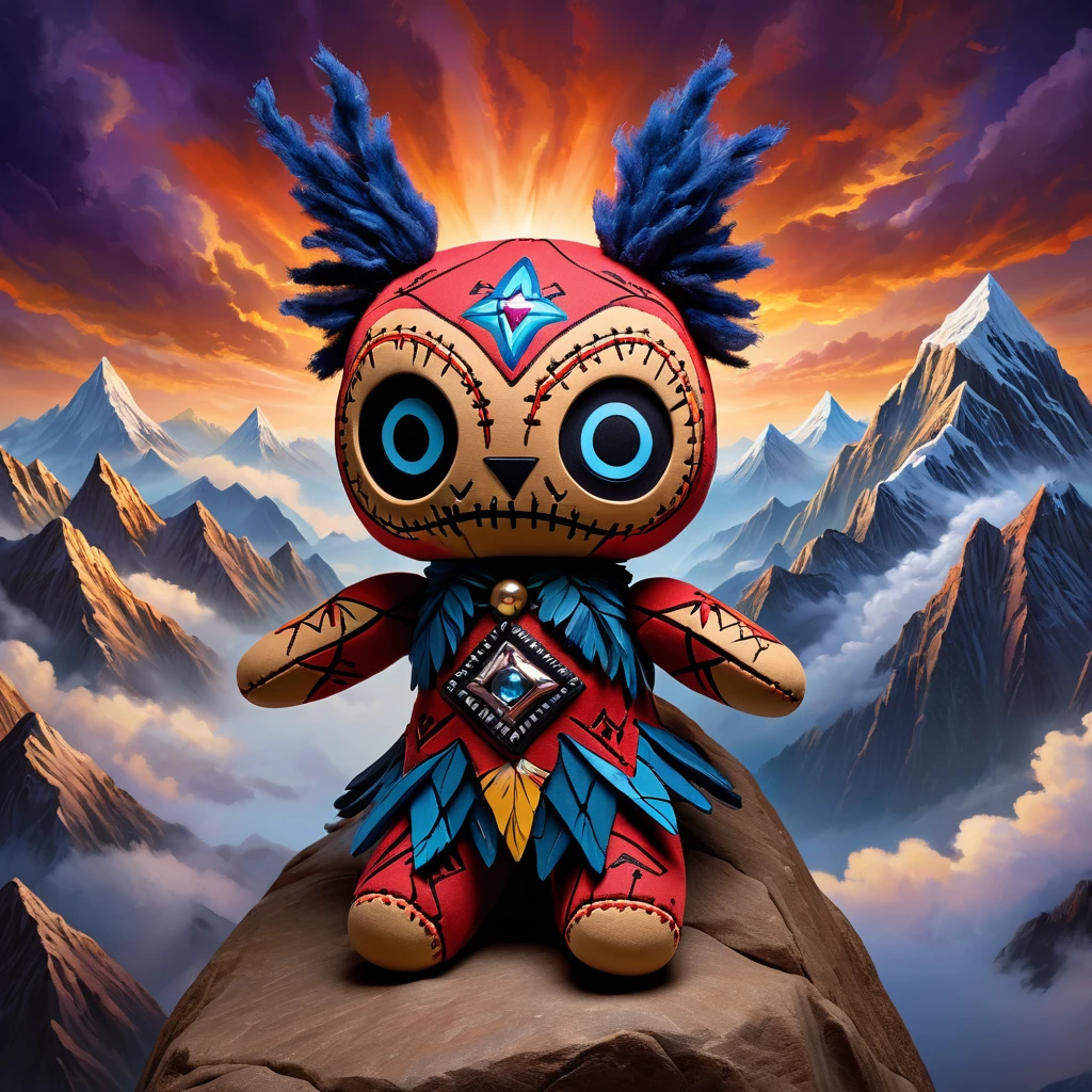 (knitted toy voodoo doll:1.8), (Voodoo Griffin Mountain Guardian:1.1), (Clothing: rocky tunic with intricate mountain patterns:1.0), (Accessories: enchanted mountain stone emitting power, levitating rock fragments:1.1), (background: mountain peak with floating clouds, glowing crystals, and spectral eagles:1.2), best quality, masterpiece, detailed soft oil painting, detailed background, dramatic cinematic lighting, soft edge lighting, professional, dramatic lighting, hard edge lighting, ultra quality, 4k, masterpiece, best quality, 8k, ultra high definition, high resolution, extremely detailed