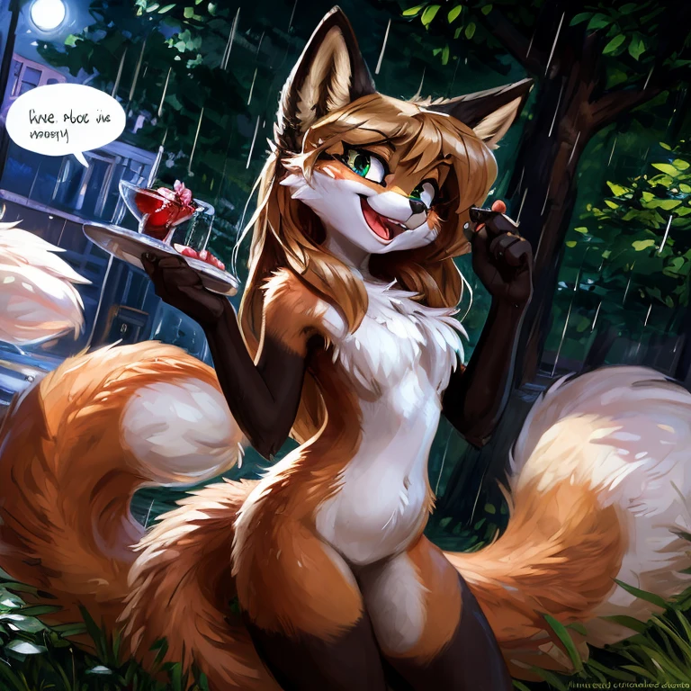 uploaded to E621, by Kenket, by Ross Tran, by Michael & Inessa Garmash, by Pino Daeni, by Kiguri, by Alena Aenami, by Ruan Jia, A solo vixen ((female) (anthro) ([foxl])), beautiful and detailed portrait of an anthropomorphic vixen ((female)), anthro fox girl, body fur, flat chest, chest fluff, body fur, curvy, sexy, nice, cute, hot, sassy, sassy hips, (Averi, Fox girl), hi res, photorealism, soft shading, (detailed fur: 1.1), happy looking, (legs), (solo: 1.1), tail raised, ((beautiful) eyes: 1.1), (detailed eyes: 1.1), (detailed), (masterpiece: 1.2), (athletic), good anatomy, detailed face, speech bubble, heart, hearts, seductive pose, sexy pose, in a park, tree, night, wet fur, raining, lighting