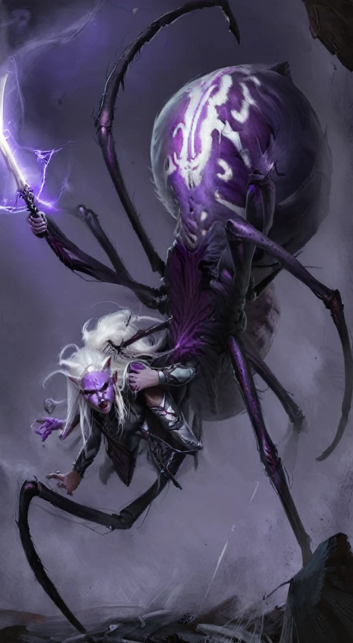 closeup, portrait, fantasy arachnid girl, detailed face, concept art, digital art, realistic, closeup, solo, warrior, arachnid, angry, evil, character focus, White hair, purple skin, long hair,spear, combat stance, attacking, fearsome