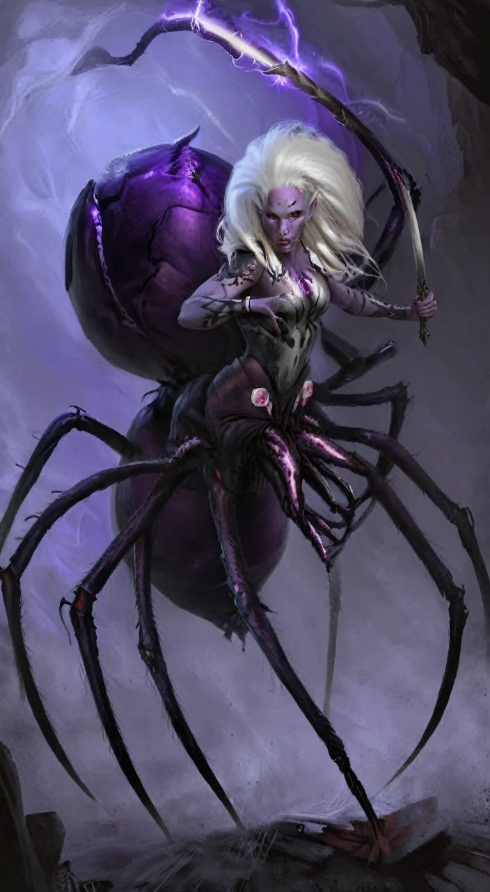 closeup, portrait, fantasy arachnid girl, detailed face, concept art, digital art, realistic, closeup, solo, warrior, arachnid, angry, evil, character focus, White hair, purple skin, long hair,spear, combat stance, attacking, fearsome