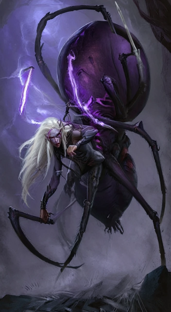 closeup, portrait, fantasy arachnid girl, detailed face, concept art, digital art, realistic, closeup, solo, warrior, arachnid, angry, evil, character focus, White hair, purple skin, long hair,spear, combat stance, attacking, fearsome