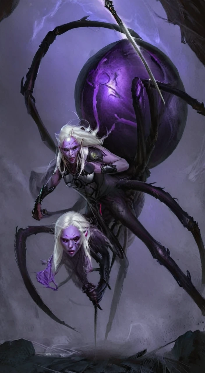 closeup, portrait, fantasy arachnid girl, detailed face, concept art, digital art, realistic, closeup, solo, warrior, arachnid, angry, evil, character focus, White hair, purple skin, long hair,spear, combat stance, attacking, fearsome