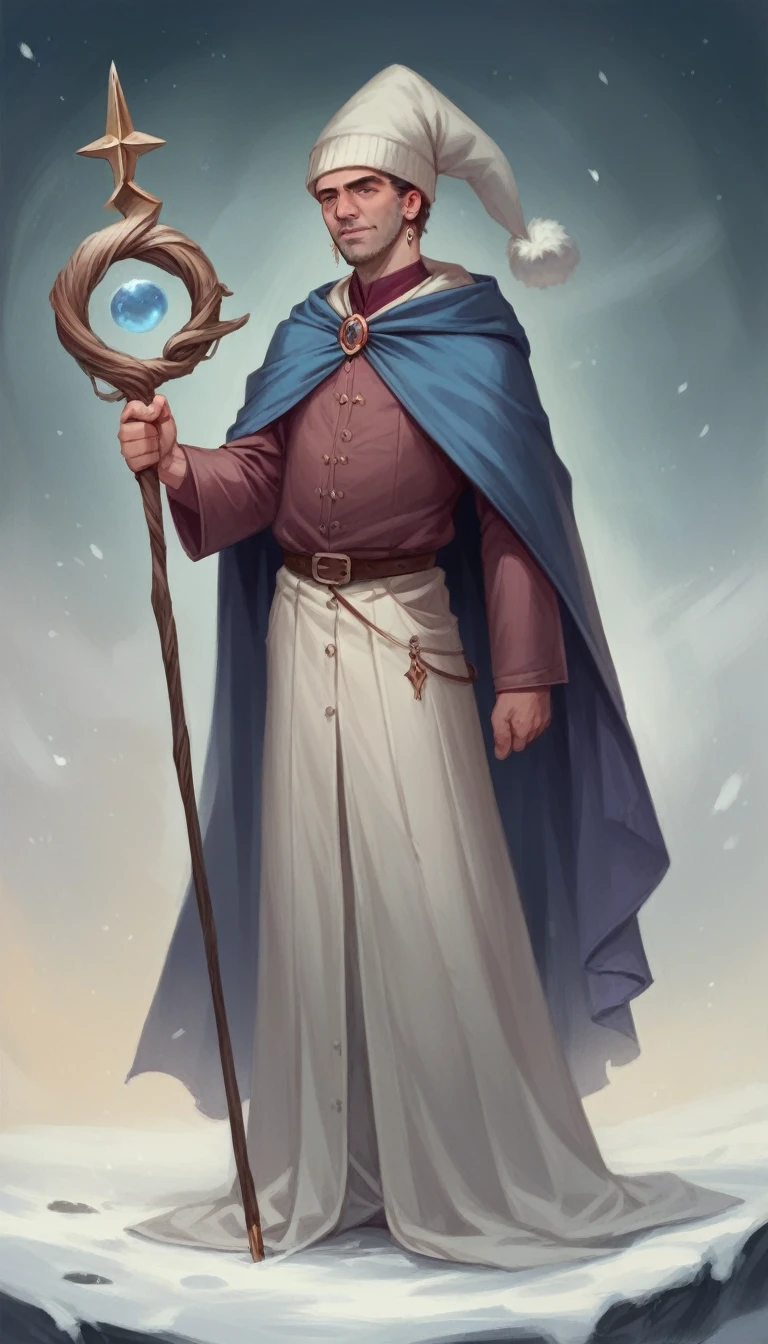 free run winter, 8K, Highest quality, High resolution, Realistic, Real person, Wizard character with silver ponytail, Earrings, and short height. Wizards have fancy things, Although the staff are gorgeously decorated、Not wearing a hat. Their costumes are、A combination of traditional wizard's robes and modern magical costumes。, Rich color and detail. The character's expression is wise and confident, Reflects their magical proficiency. The background has a mysterious atmosphere., Contains elements of magic and fantasy.