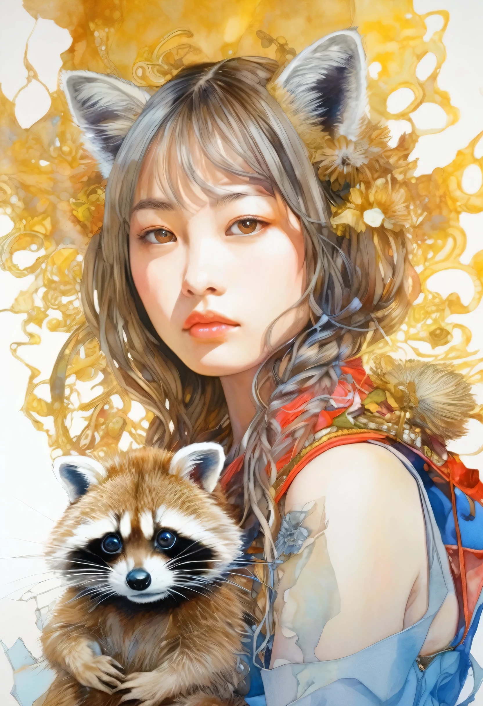 artwork:Katsuya Terada
8k, High resolution, A complex and intricate masterpiece, (Summer vacation:1.2), (Tanuki and Girl:1.1), transparent, Sparkling blue eyes, Raccoon and brown eyeball, Medium Shot, Grey Hair, Organic Shapes, Hard Edge, Anatomically correct body, Ultra-realistic, Elegant raccoon,Cinema Lighting, Very detailed, Vibrant colors, Octane Rendered Cat, Surreal atmosphere, Award-winning works, Bright and rich colors, iridescent accents, Dramatic Shadows,Dynamic and atmospheric lighting, Anamorphic Lens, Sharp focus,
An intricate and detailed masterpiece by Katsuya Terada, Katsuya Terada Style, Pop Surrealism, watercolor , (Kanna Hashimoto:1.2)