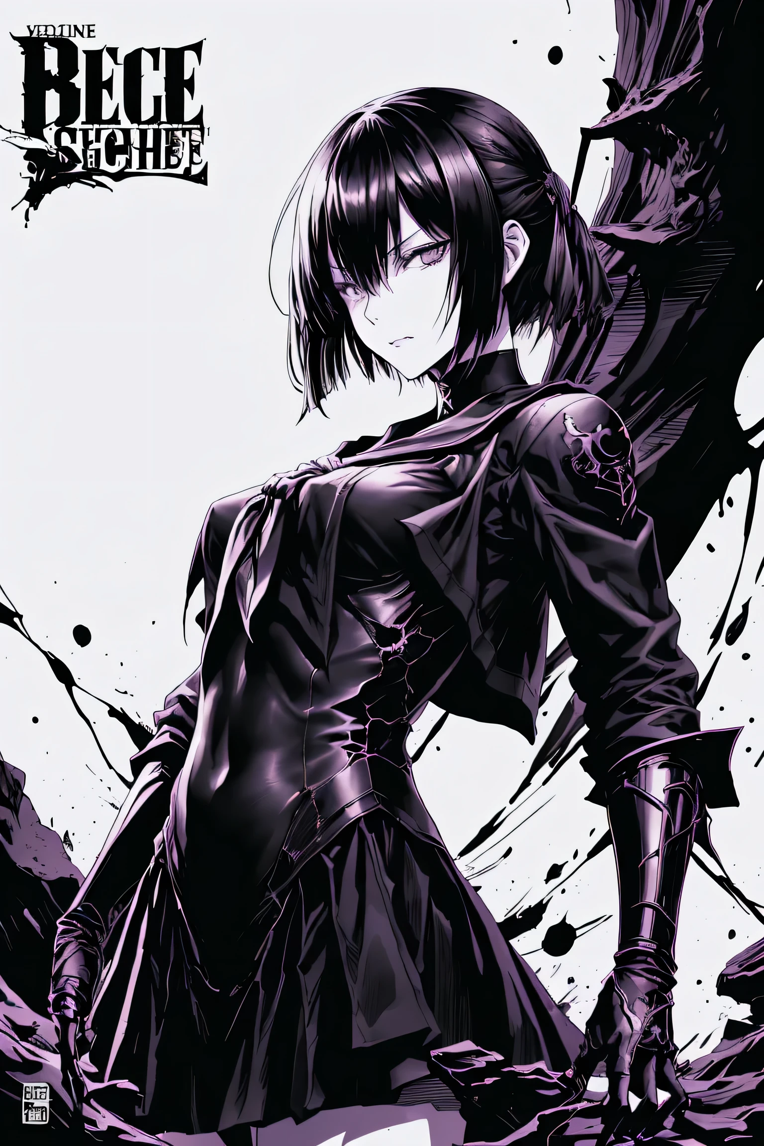 v5lcn style,ink art,(Best Quality,masutepiece:1.2),(black and white comic core:1.1),(extreme high contrast),Dark ink,1girl in,A dark-haired,Shadow on face、8K,resolution,High School Girl,Sailor Uniform,