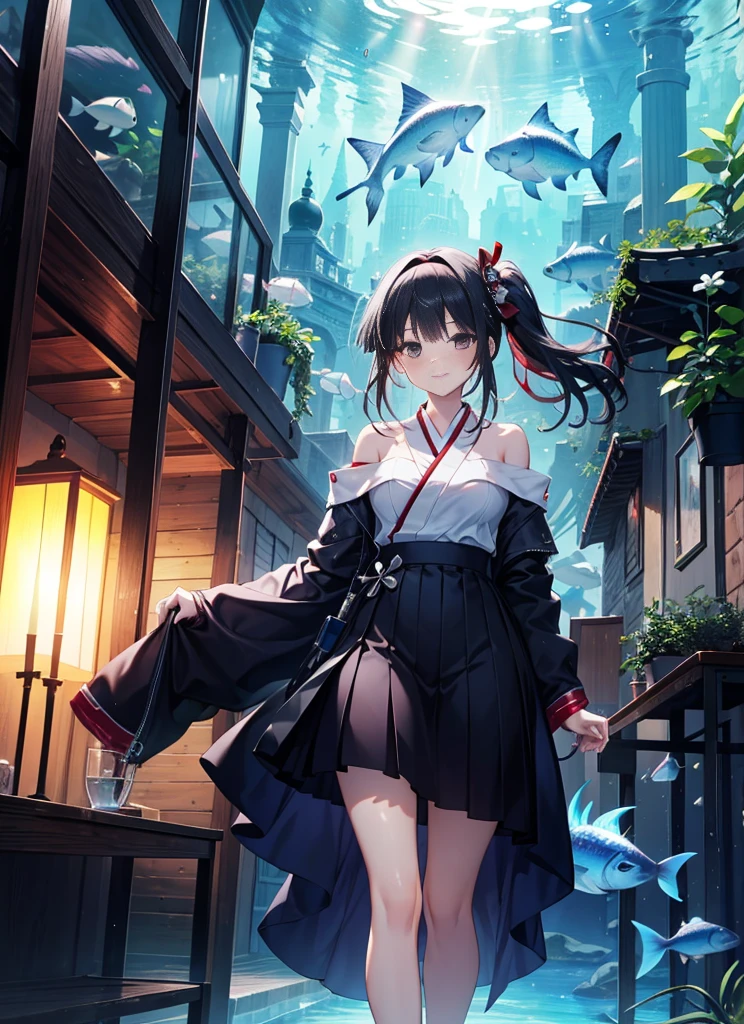 (masterpiece, Highest quality, High resolution, unity 8k wallpaper, Highly detailed CG:1), (shape:1.0), 1 Girl,Nakoruru　Samurai Spirits, Black Hair,Long Hair,Iris,ribbon, hair band, smile,blush,Off-the-shoulder sweater,Bare neck,Bare shoulders,bare clavicle,Long skirt,Beautiful aquarium with fish swimming in a giant glass tank, A sparkling, fantastical aquarium,Dynamic and beautiful shadows, A breathtakingly beautiful sight,It&#39;s beautiful to watch the fish in front of the aquarium.,Girl&#39;s back view,(masterpiece:1.2), Highest quality, High resolution, unity 8k wallpaper, (shape:0.8), (Beautiful and detailed:1.6), Highly detailed face, Perfect lighting, Highly detailed CG, (Perfect hands, Perfect Anatomy),