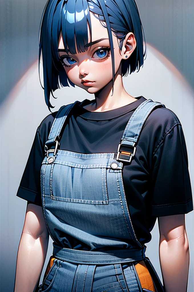 (masterpiece, High resolution, detailed),Little,AS-Youngest,One girl,Short Bob,Blue Hair,Black T-shirt,overalls、Simple Background,