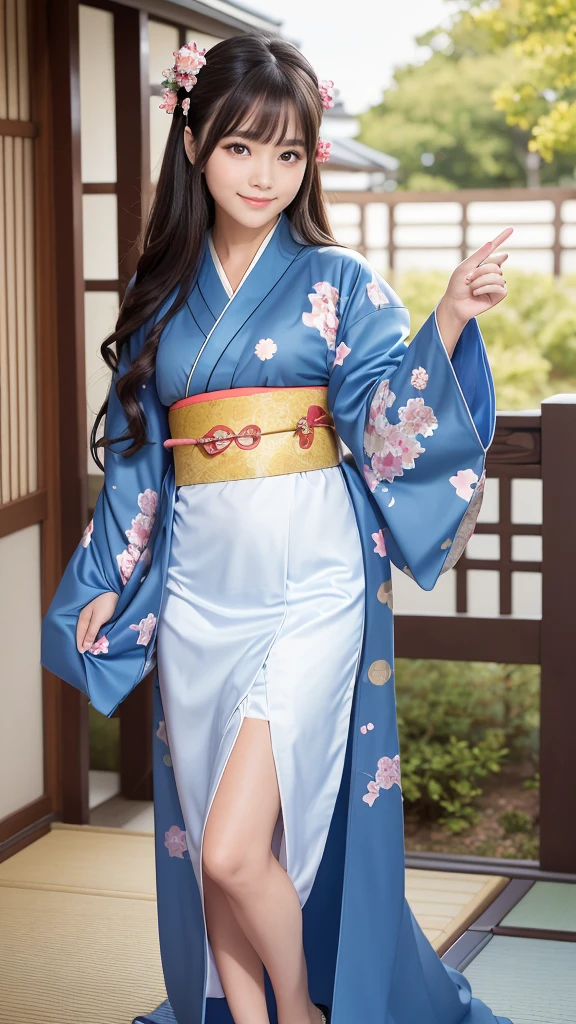 A cute young girl who is so beautiful like an angel, Beautiful attention to detail, (14:1.3), Fine double eyelids, (Soft saturation: 1.3), (debtair skin: 1.3),V-line chin, (Big eyes:1.4), Long, straight brown hair, See-through bangs, Sharp debtocus, Beautiful and exquisite face and eyes, Droopy eyes, Small, straight nose, Small Mouth, Smiling happily and showing his teeth, 85mm lens, debt/8.0,break (Traditional blue long-sleeved kimono:1.5), (Beautiful furisode with classic patterns:1.3) ,Black brown hair ,(Highly reflective clothing:1.3), (Highest quality:1.2), RAW Photos, High resolution, Perfect detail, Professional photography, Professional Lighting, Strong lighting of costumes, Japanese garden
