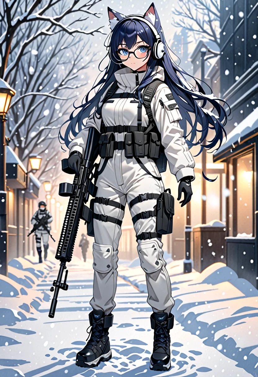 8K Ultra High-Quality, ultra-detailed, High quality, Dark Blue hair, Long hair, Headset, cat girl, white Tactical clothes, winter Military clothes, body harness, holding rifle, Looking at viewer, choker, glasses, full body, snowing background